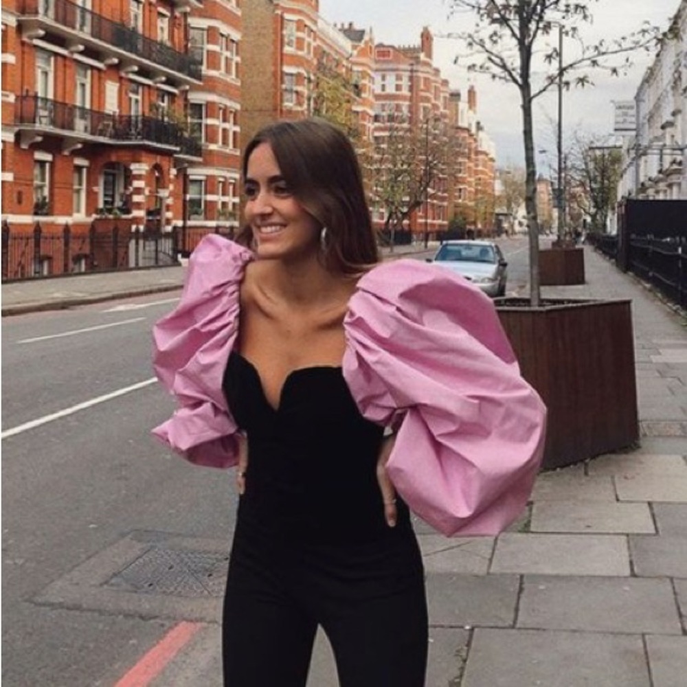 Zara Velvet Black Top with Pink Puff Sleeves